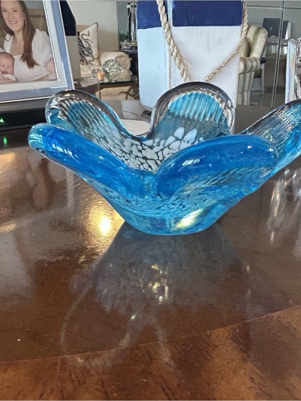 Crate & Barrel Handblown Aqua Blue Glass Flower Bowl 5" x 5"